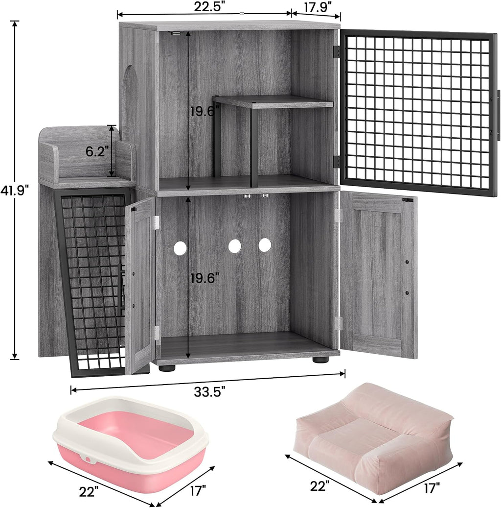 Double-Tier Cat Litter Box Enclosure with Ladder, Hidden Litter Box Furniture Cabinet, Multi-Level Cat House with Entertainment Platform for Large Litter Boxes, Living Roo – Wax Wood Color