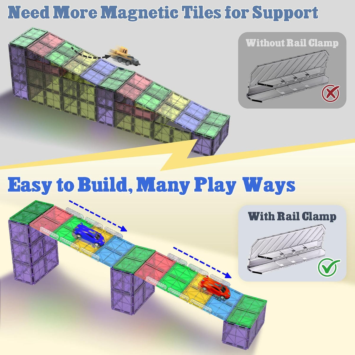 Magnetic Tiles Rail Pack 38-Pieces Magnetic Rail Clamps with Pullback Cars