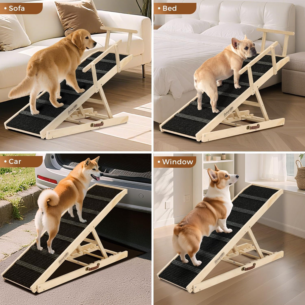 Dog Ramp for Bed - 53.3" Long Foldable Pet Ramp for Small Large Dogs - Dog Ramps for High Beds Couch Car/SUV - Pet Stairs High Traction with Platform 7 Adjustable Heights 17" to 30" Up to 200LBS, Wood