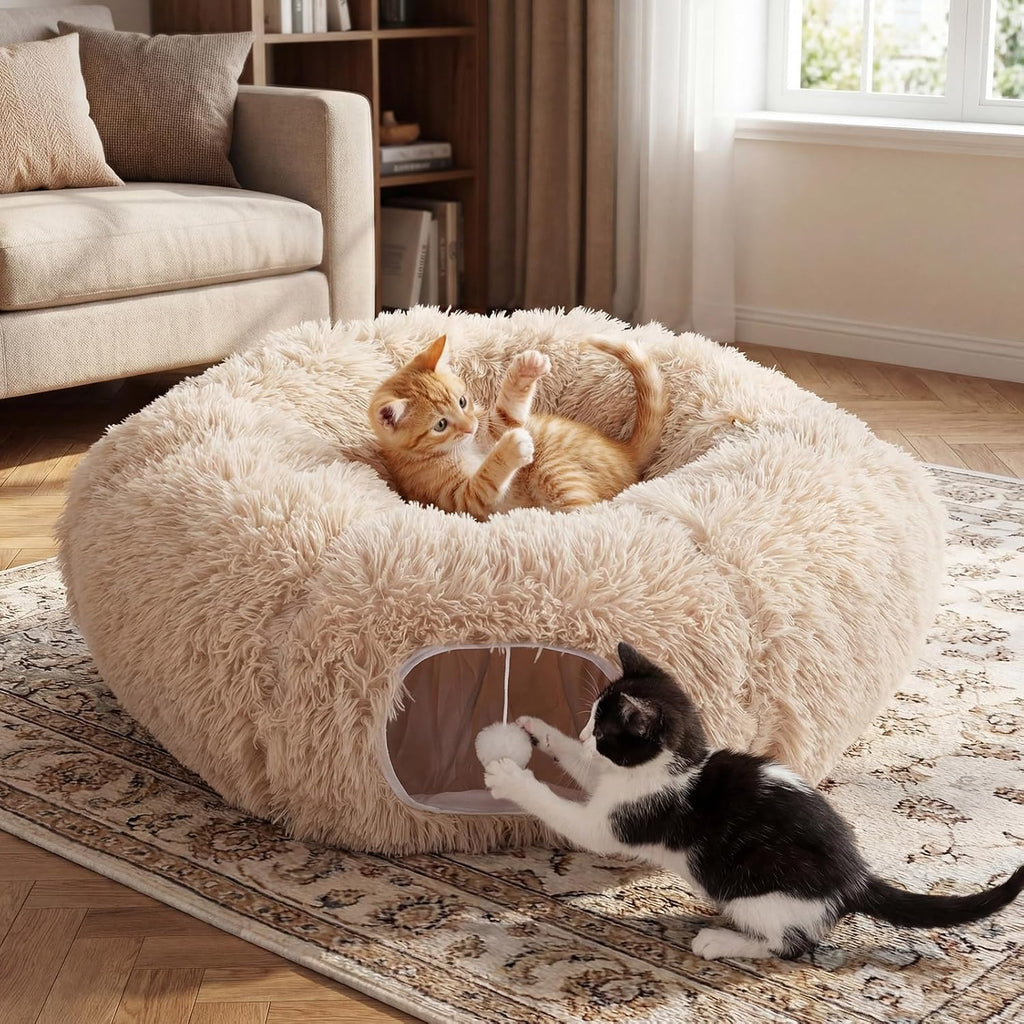 Christmas Tree Cat Tunnel 36 in Donut Bed, Beige, Plush, Fluffy