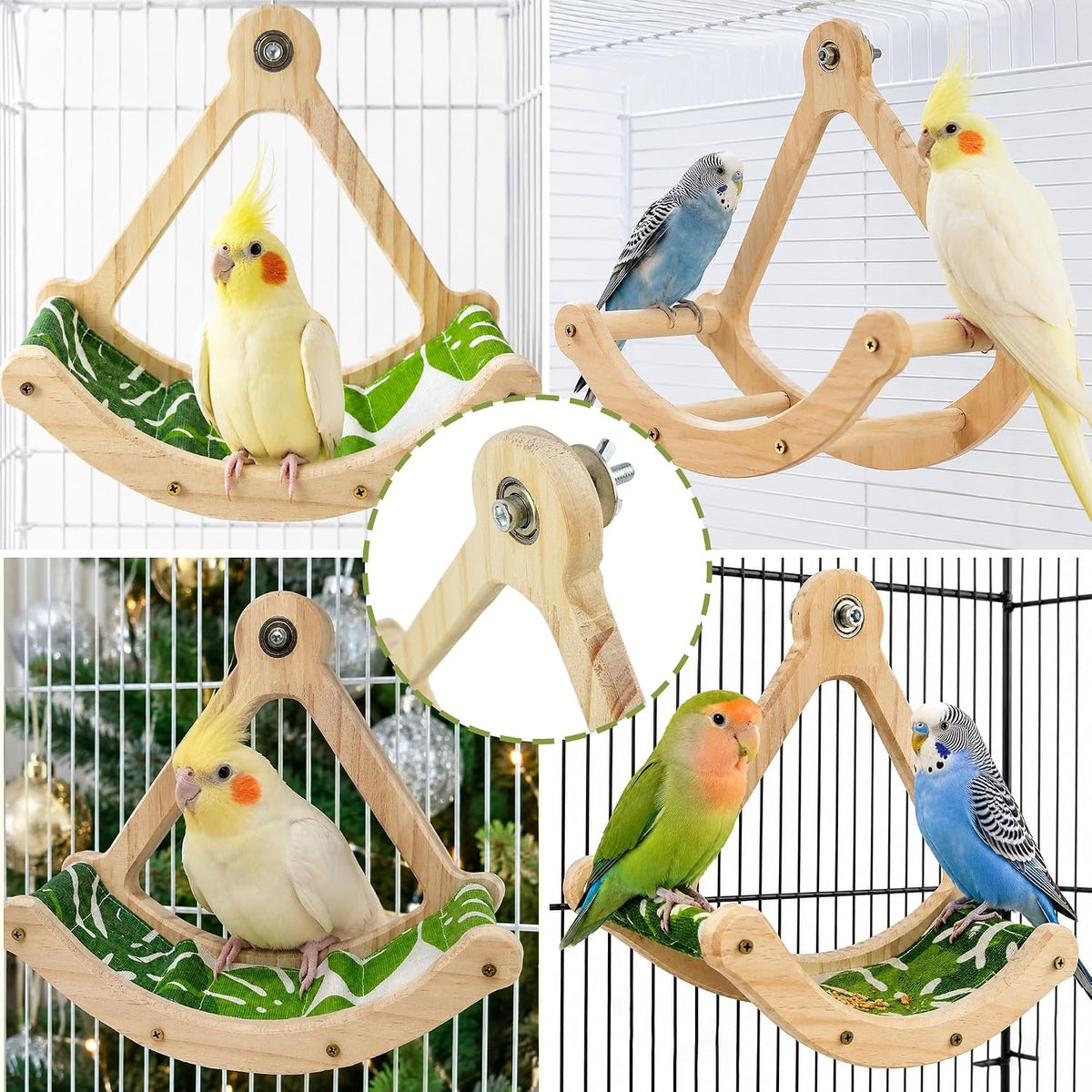 FlidRunest Upgrade Bird Perch Toy with Hammock, Interactive Rocking Parakeet Foraging Toys Green Fabric Mat Hammock, Wooden Exercise Wheel Birds Enrichment Toy Cage Accessories for Budgies Conure