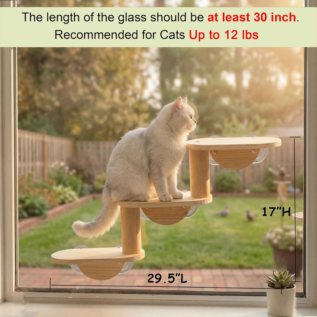 Cat Window Ladder, 3-Level Solid Pine Steps for Climbing and Bird Watching