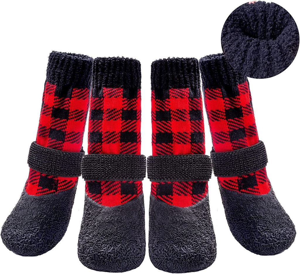 BINGPET Anti-Slip Dog Socks, Waterproof Plaid Dog Paw Protector with Adjustable Straps, Thick Fleece Padded Warm Pet Doggy Socks for Cold Weather Winter