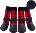 BINGPET Anti-Slip Dog Socks, Waterproof Plaid Dog Paw Protector with Adjustable Straps, Thick Fleece Padded Warm Pet Doggy Socks for Cold Weather Winter