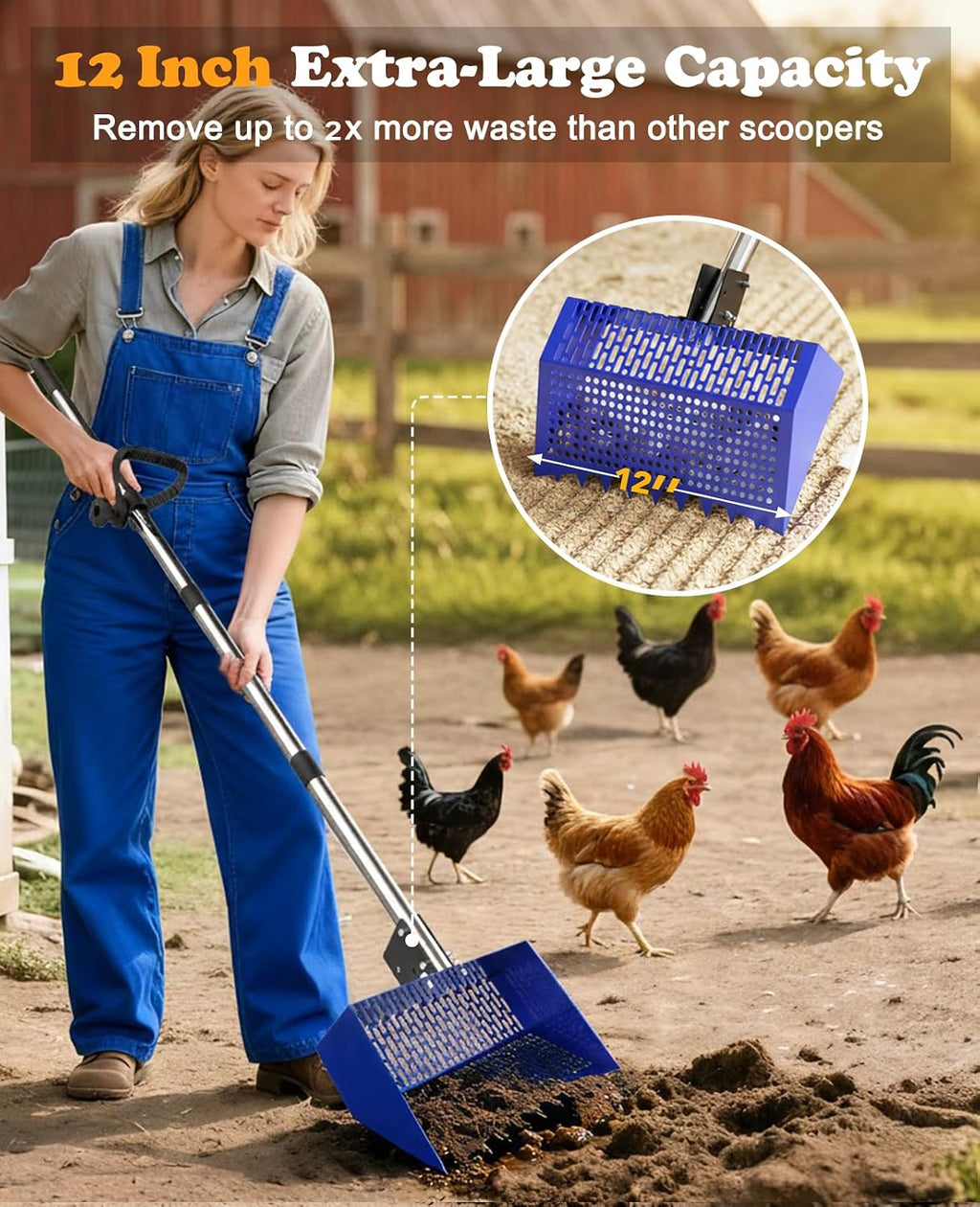 INNOLAND Chicken Poop Scooper & Rake with 3-Angle Adjustable Sifting Shovel