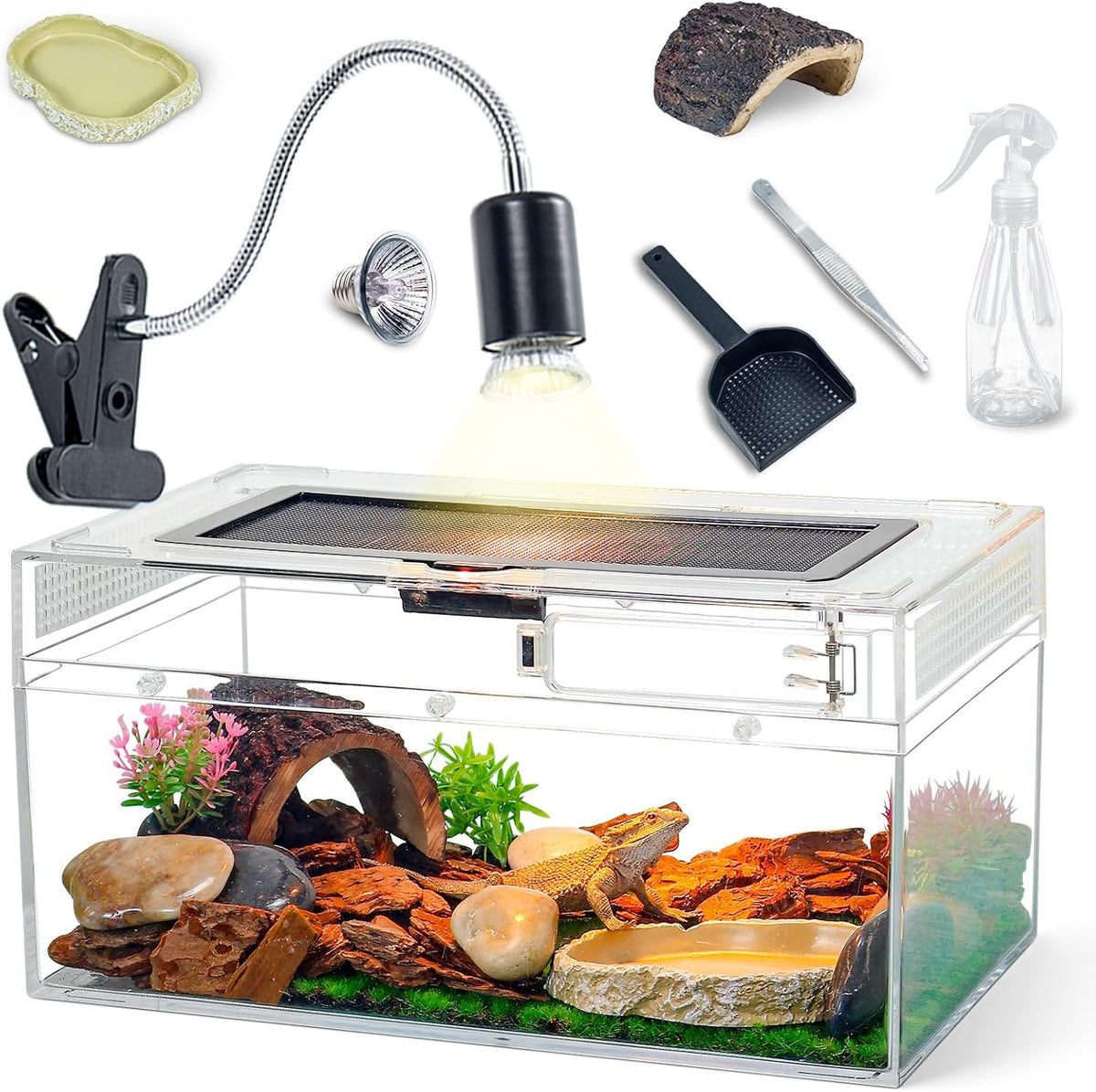 12.5x6x7 Reptile Terrarium Kit with Heat Lamp & Hideout for Geckos, Snakes