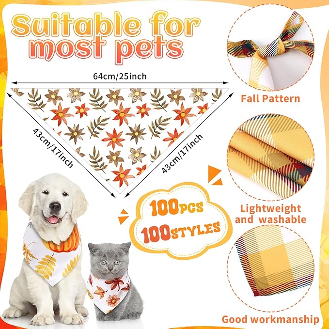 100 Pcs Fall Dog Bandanas Bulk Thanksgiving Pet Bibs Triangle Scarf Autumn Pet - Image 2