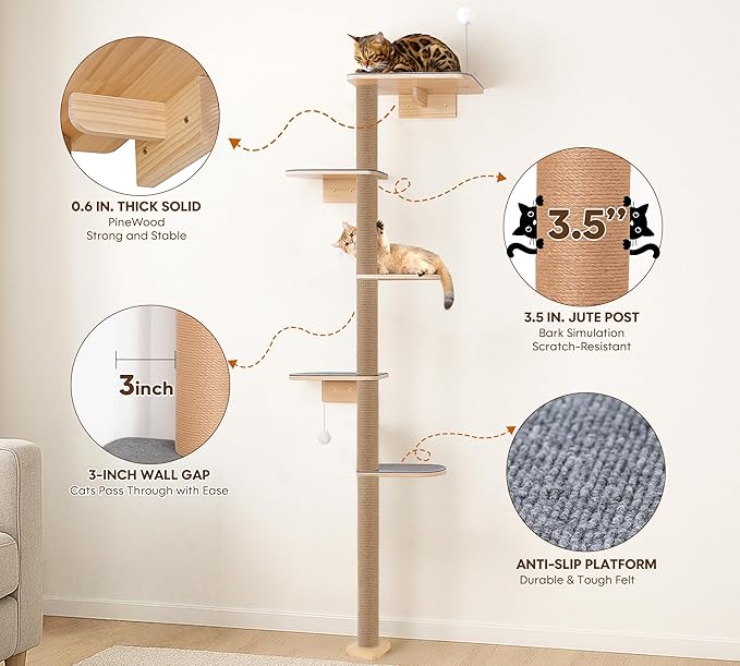 Floor to Ceiling Cat Tree for Kittens, 5-Tier Wall Mounted Cat Wall Shelves - Image 3