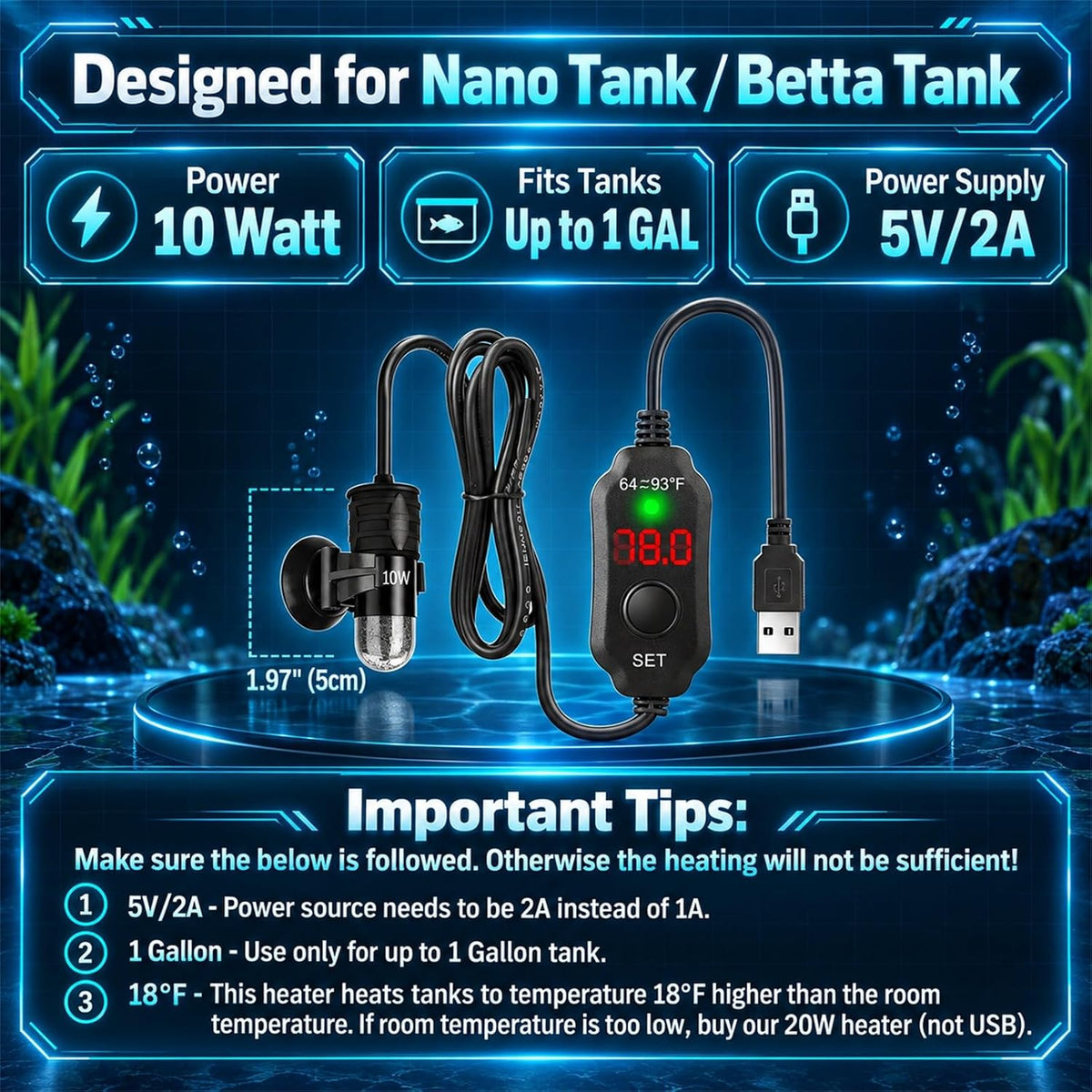 AquaMiracle 5V/2A USB 10W Super Mini Aquarium Betta Heater for Tanks up to 1 Gal