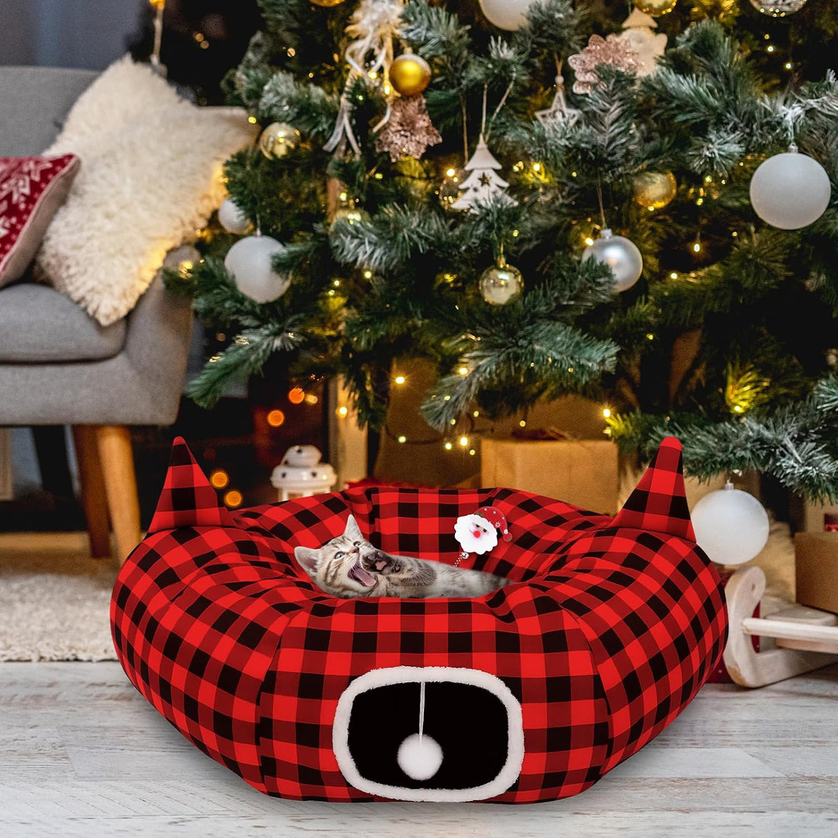 Sosation 9 Pcs Christmas Cat Tunnel Tree Skirt with 7 Pcs Toys 2.9ft x 2.9ft x 10.6inch Buffalo Plaid Tunnel Bed with Ball and Cat Cave for Felines and Small Animals Indoor Outdoor Decorations