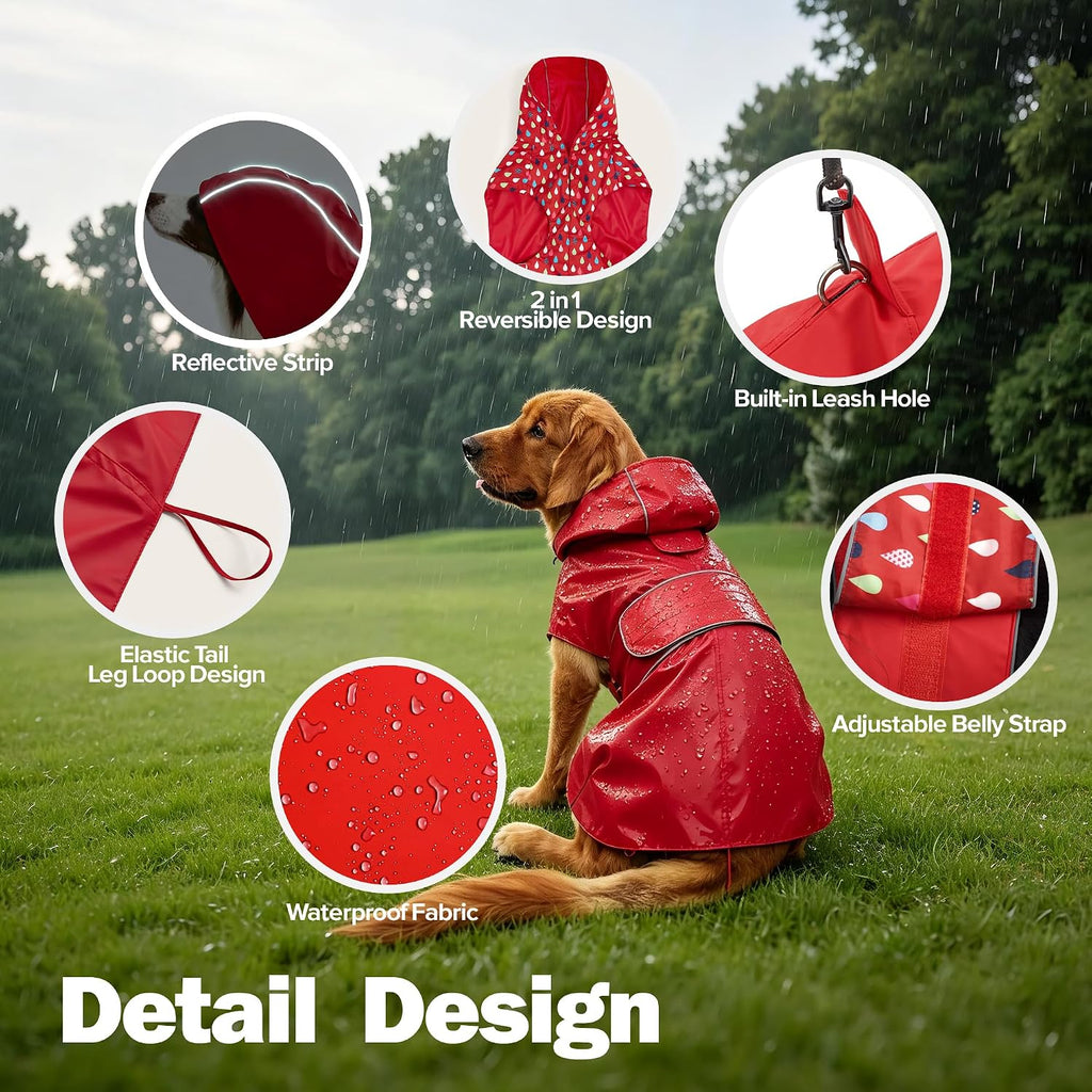 Kimee Dog Raincoat Reversible Dog Rain Jacket for Small to 3X-Large Dogs, S