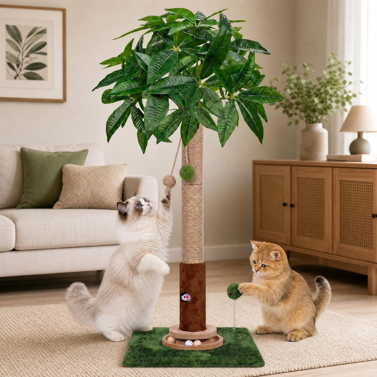 Fantasreen 35" Cat Scratching Post with Track Ball & Toys, Lucky Cat Scratcher, Green