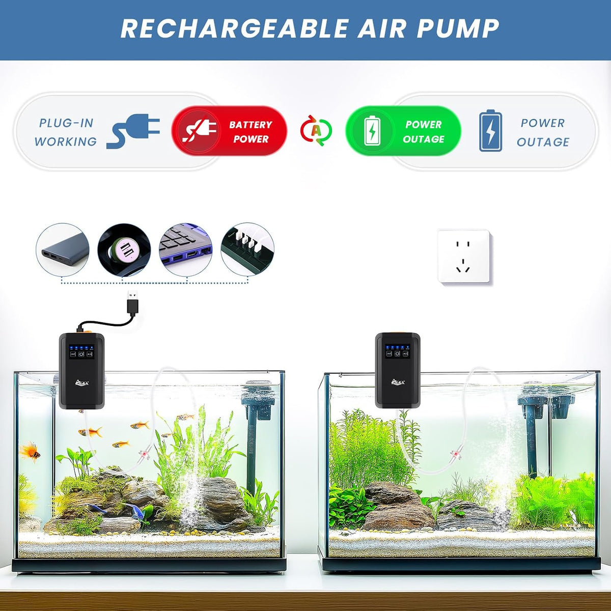 AQQA Rechargeable Portable Fish Bait Bucket Tank Aquarium Air Pump Bubbler