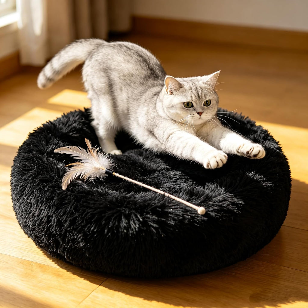 Cat Beds for Indoor Cats - Cat Bed Washable 20/24 inches, Dog Beds for Small Medium Dogs, Anti Anxiety Round Fluffy Plush Faux Fur Cat Bed, Thick Bottom (Dark, Medium)