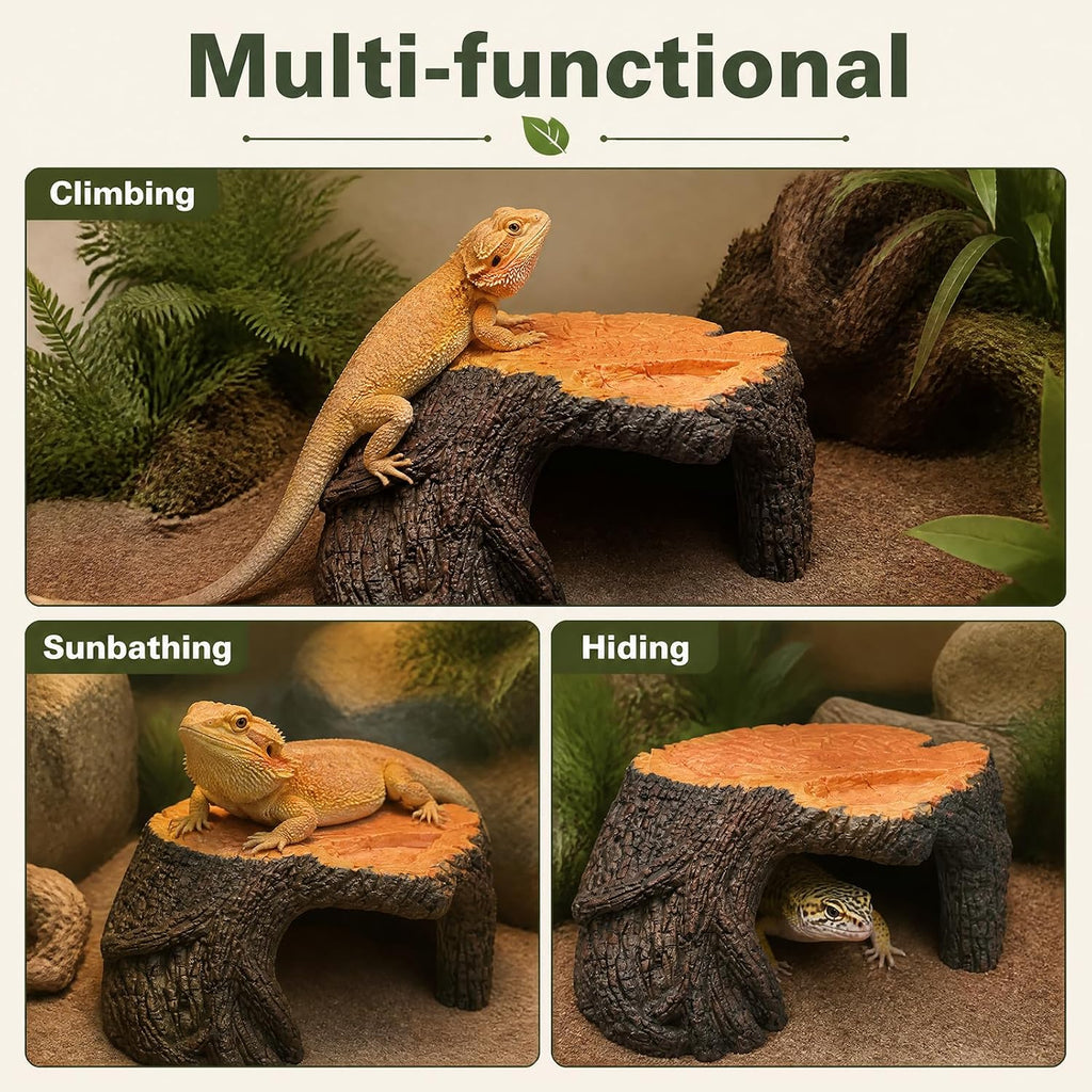 Reptile Hide, 9.4"x8.6" Basking Platform with Ramp, Tree Root Design