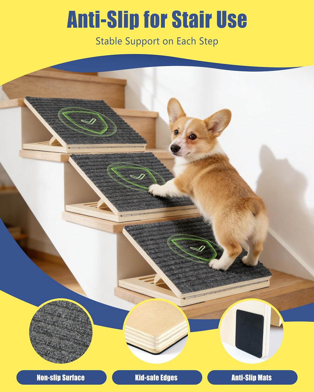 Dog Ramp for Stairs, 2 Pack Wooden Dog Stair Ramps for Small Dogs Only, Foldable Non-Slip Pet Ramp for Indoor Stairs, Adjustable Step Support for Senior, Short-Legged & Small Pets