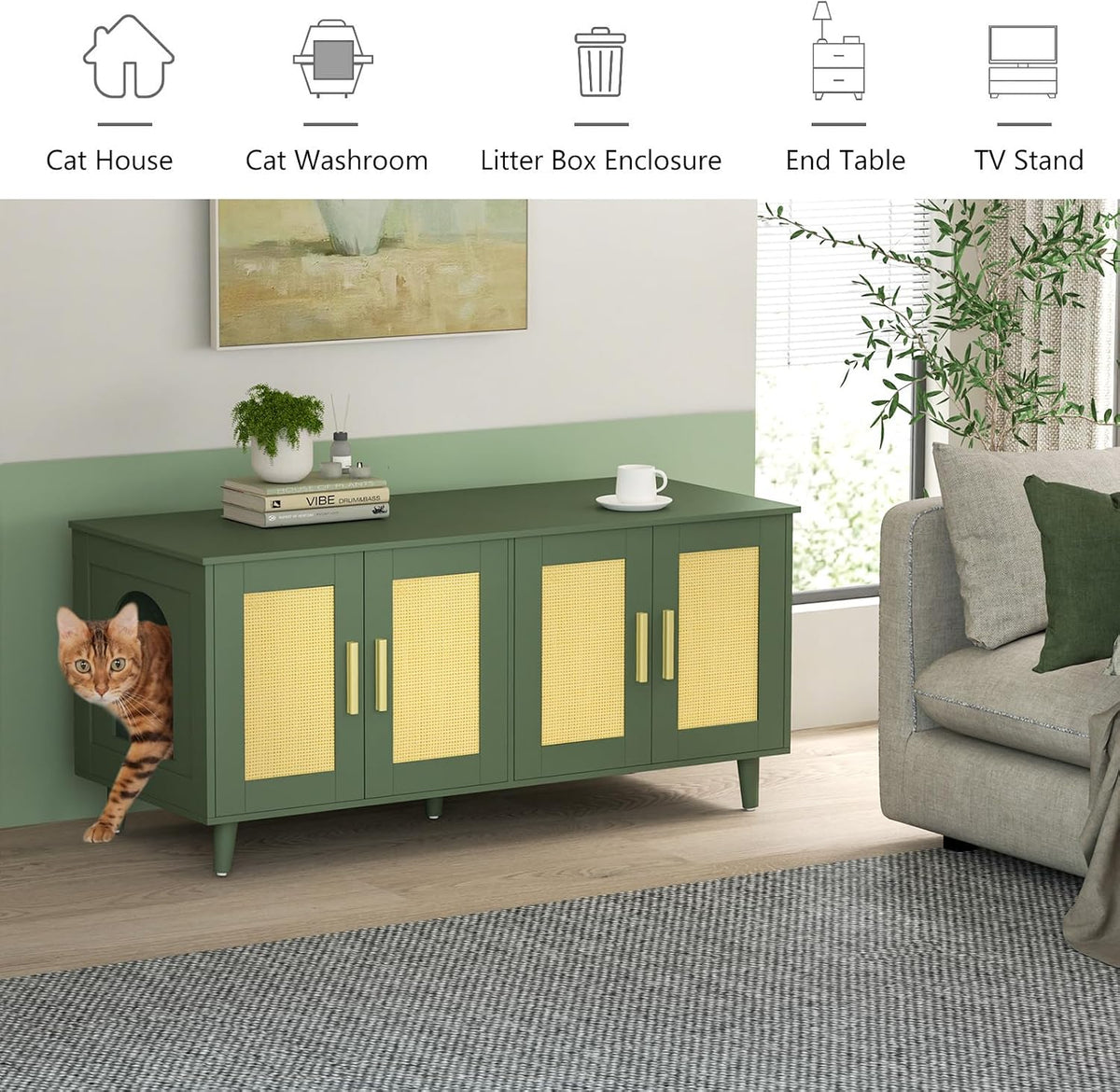 Boho Cat Litter Box Enclosure for 2 Cats, Green and Natural