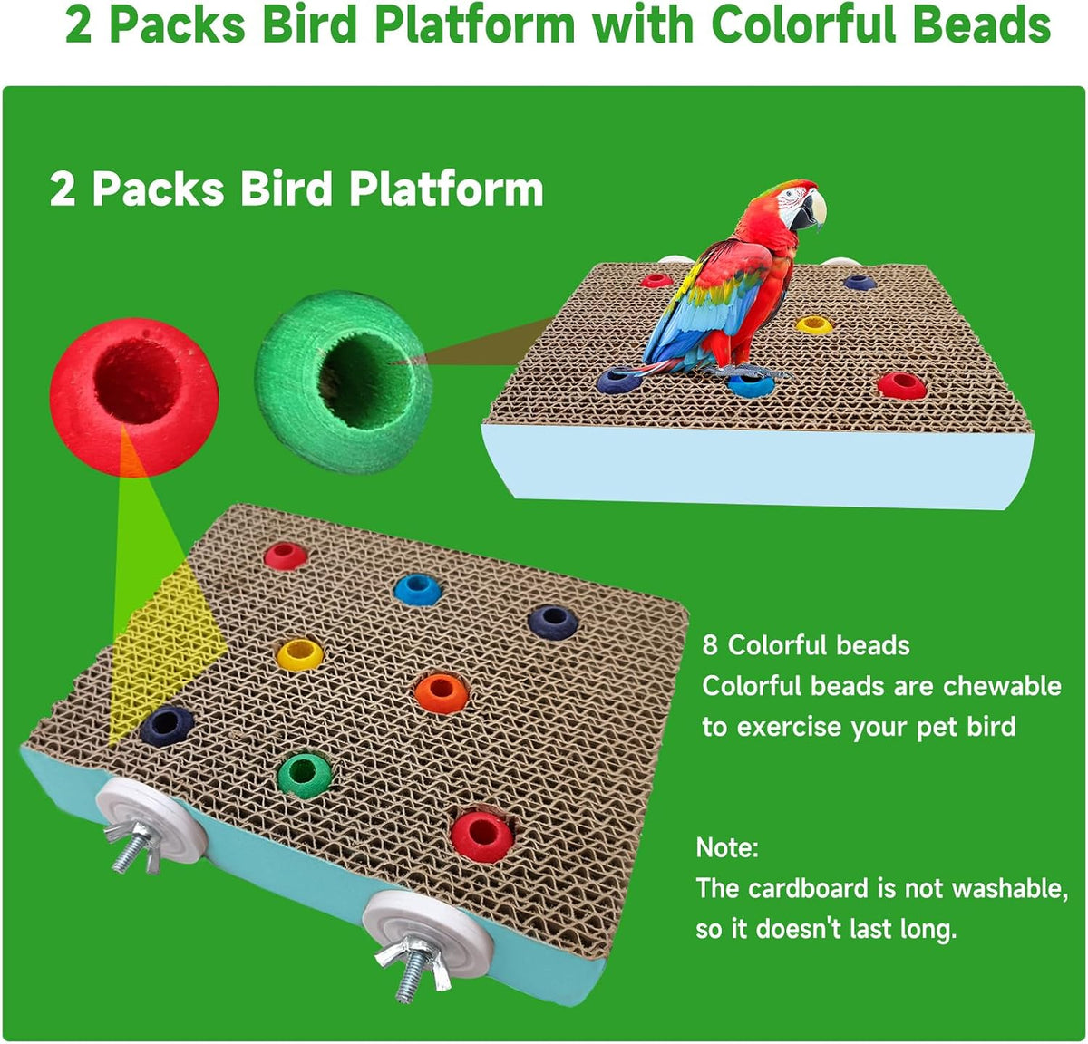 2PCS Bird Chew Toys Parrot Cardboard Perch for Cage Bird Resting Platform Stand with Colorful Beads Parrot Playground Exercise Toys Parakeets Cage Accessories for Conures, Budgies
