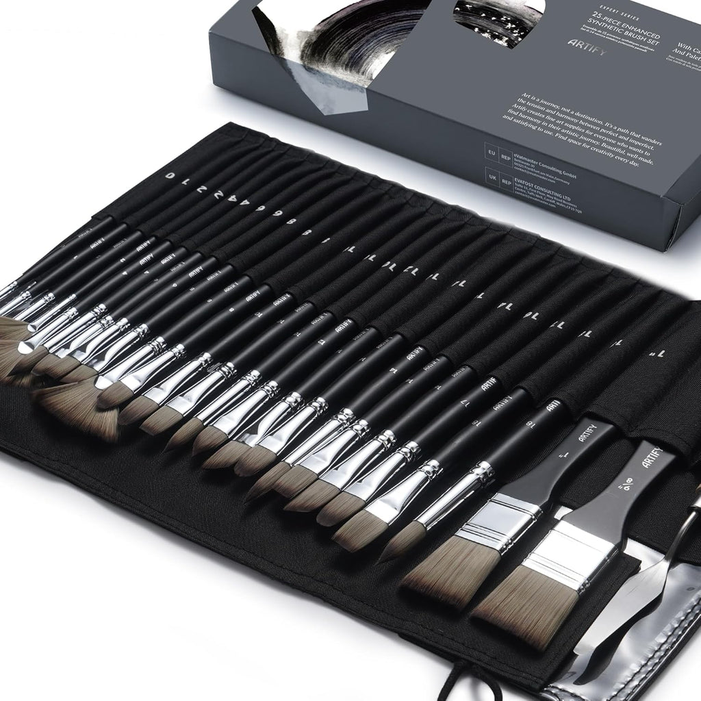 ARTIFY 25 Pieces Professional Paint Brush Set – Expert Series Synthetic Nylon Brushes for Acrylic, Oil, Watercolor, Gouache – No Shedding, Canvas Roll Case & Palette Knife, Artist Gifts Art Supplies