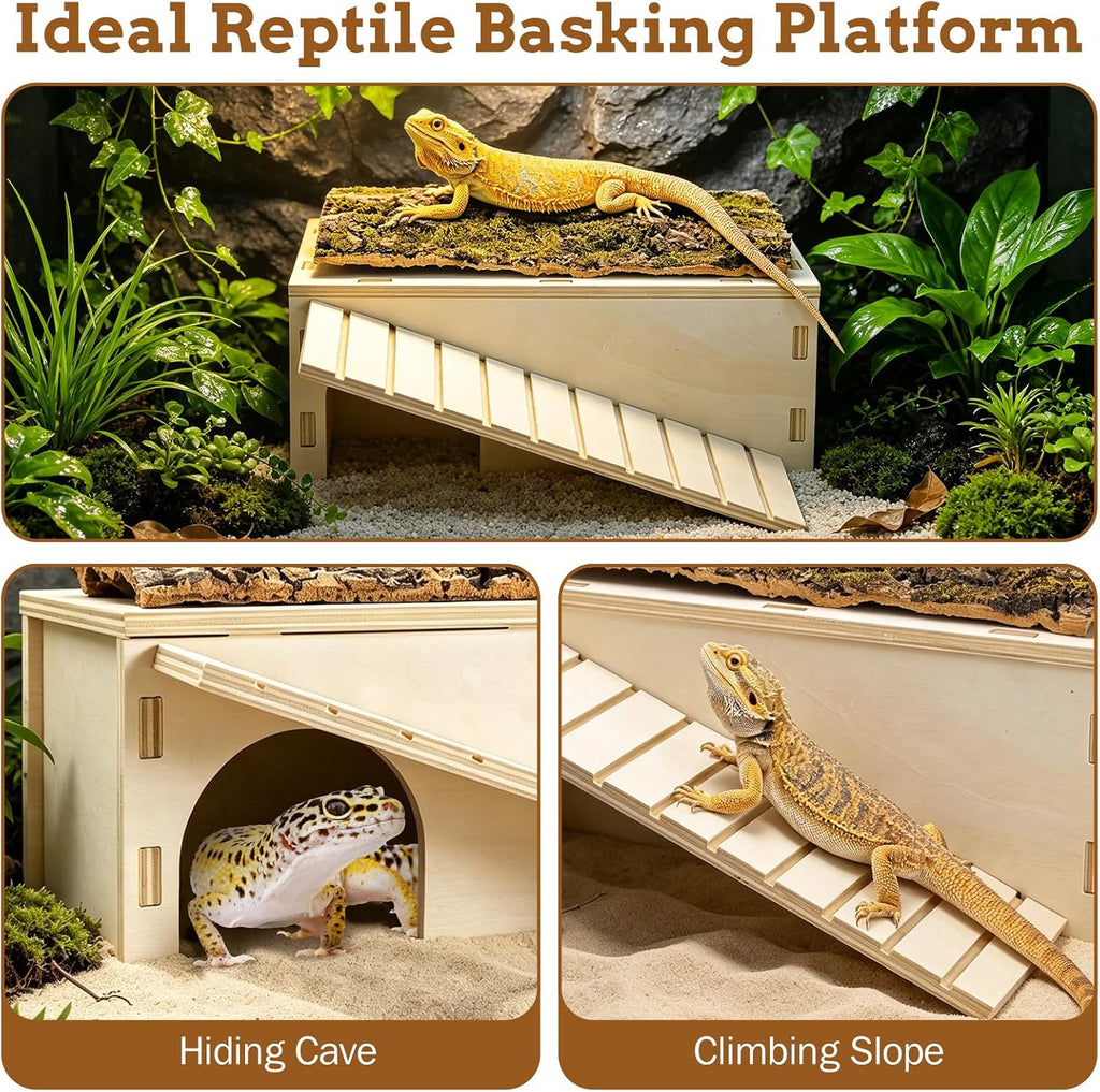 Bearded Dragon Basking Platform,Wood Reptile Hide Cave with Bark(L)