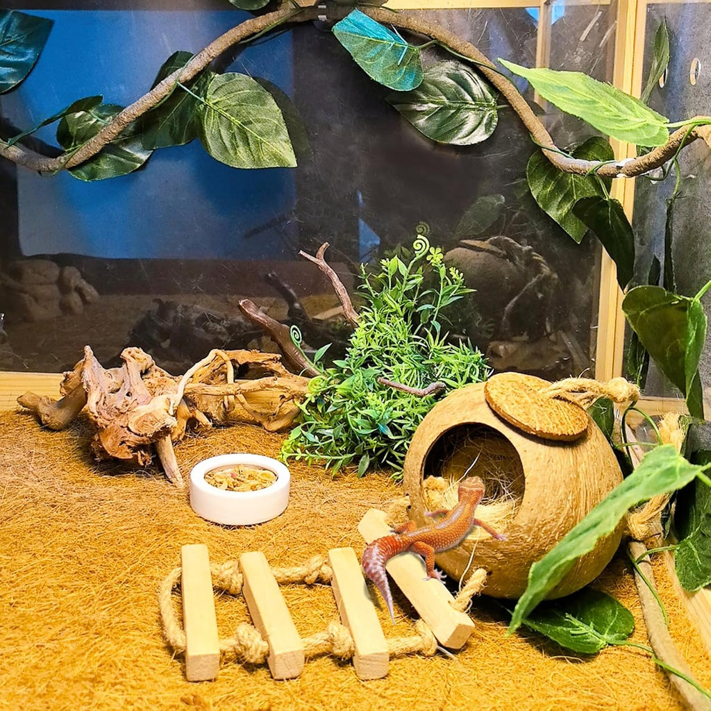 Tfwadmx Crested Gecko Coconut Shell Hide with Ladder Hanging Reptile Vine