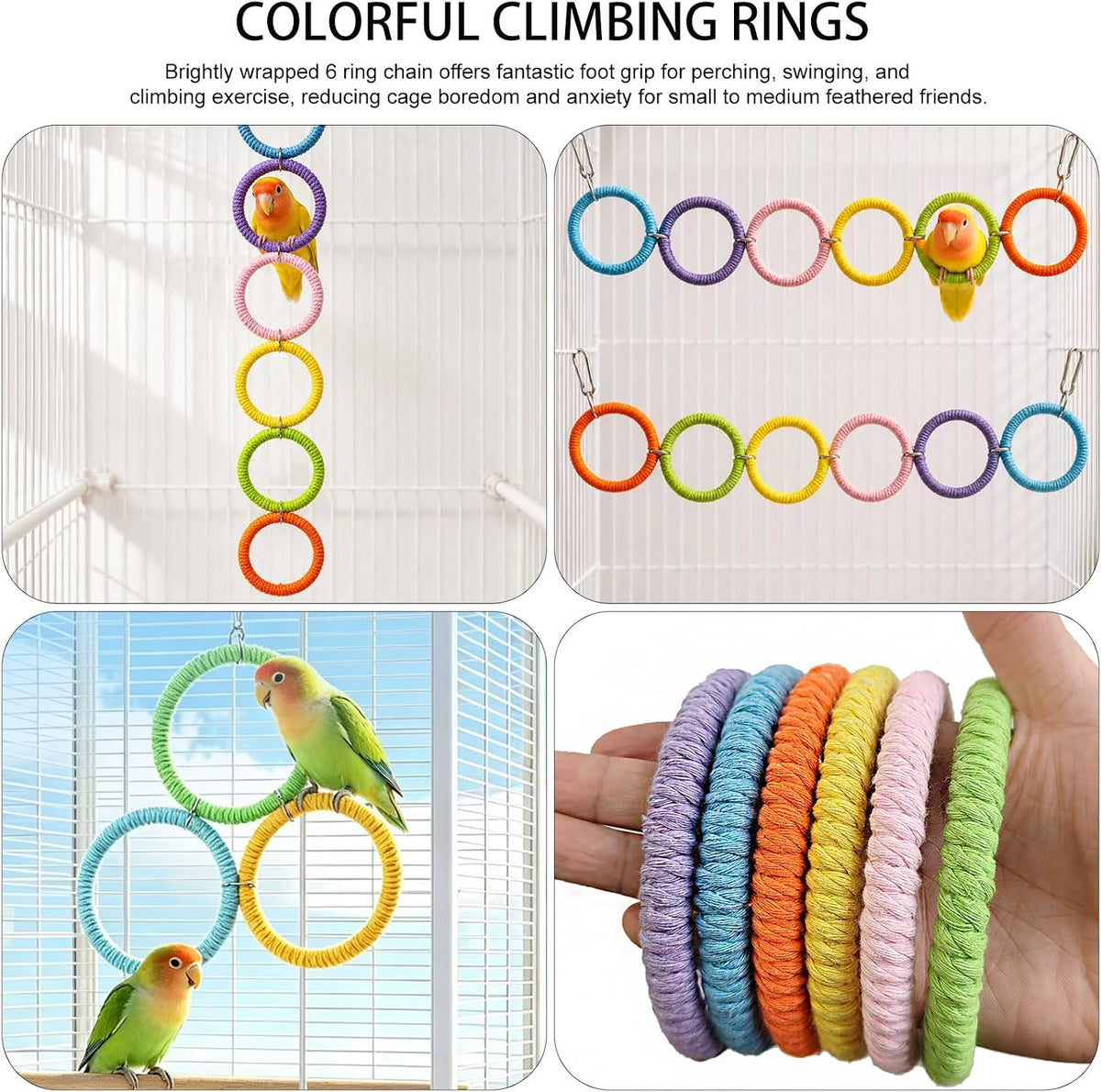 3 Pcs Bird Toy Set Calcium Stone Grind Block Shredder Paper Foraging Pouch 6 Ring Swing Chain Cage Accessories for Parrots Cockatiels Lovebirds Budgies