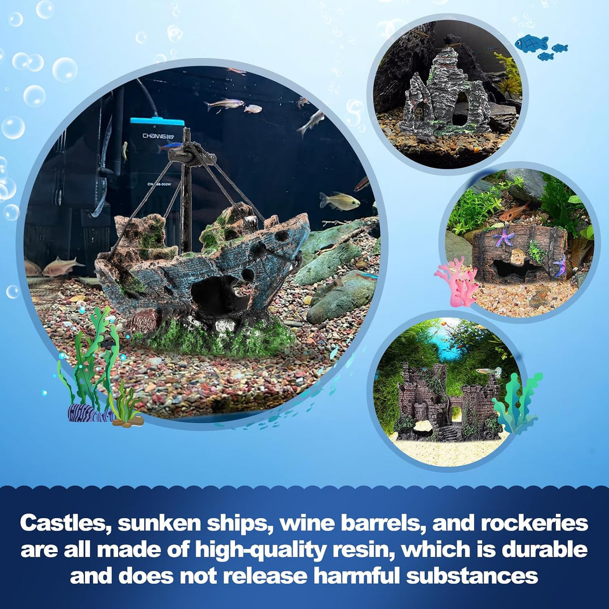 CousDUoBe 14 Pcs Aquarium Decorations Large Kit，Castle Fish Tank Bubbler Decorations，Starfish Barrel, Resin Cave Rock,Resin Material Sunken Ship,Aquarium Plants Large Fish Bowl Ornaments