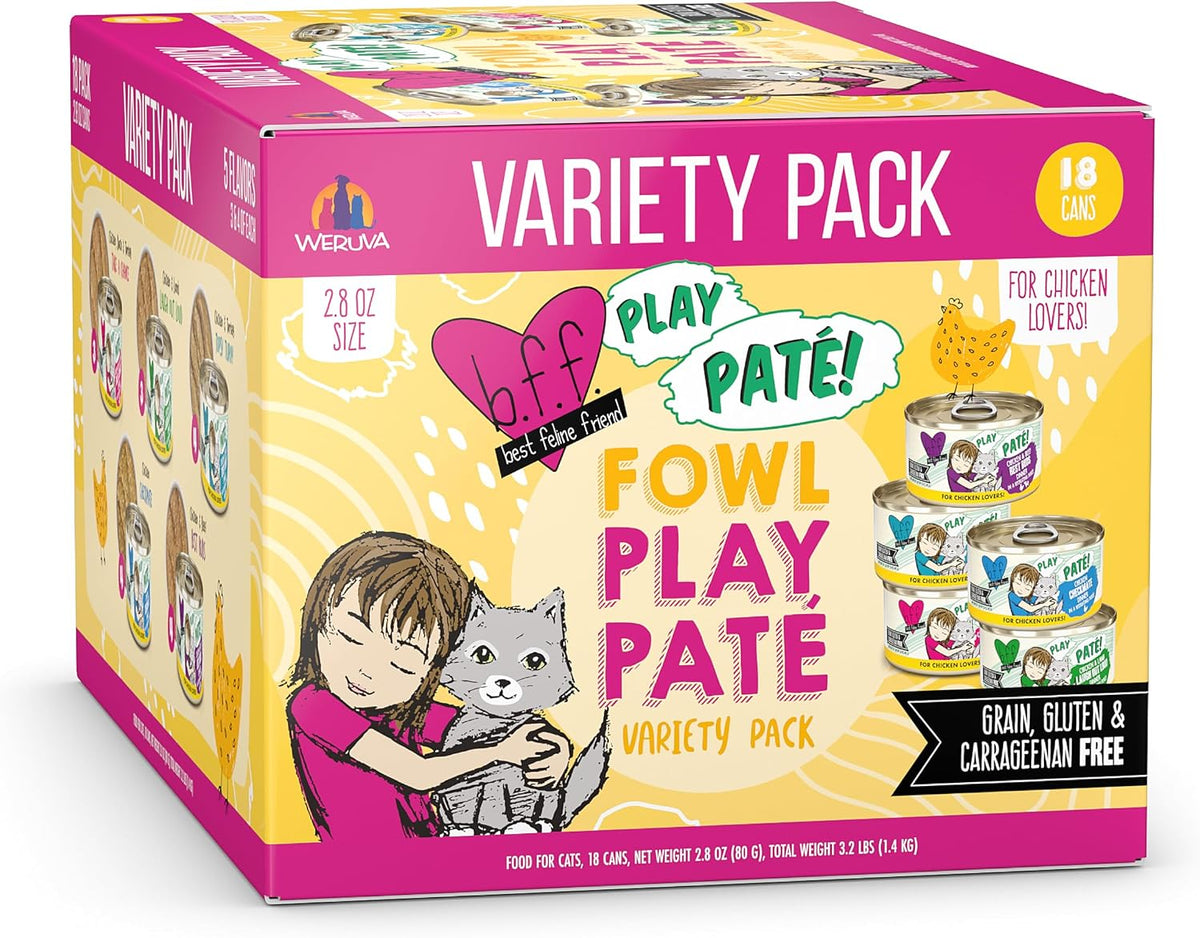 Weruva B.F.F. Play - Best Feline Friend Paté Lovers, Aw Yeah!, Fowl Play Yellow Patés Variety Pack, 2.8oz Can (Pack of 18)