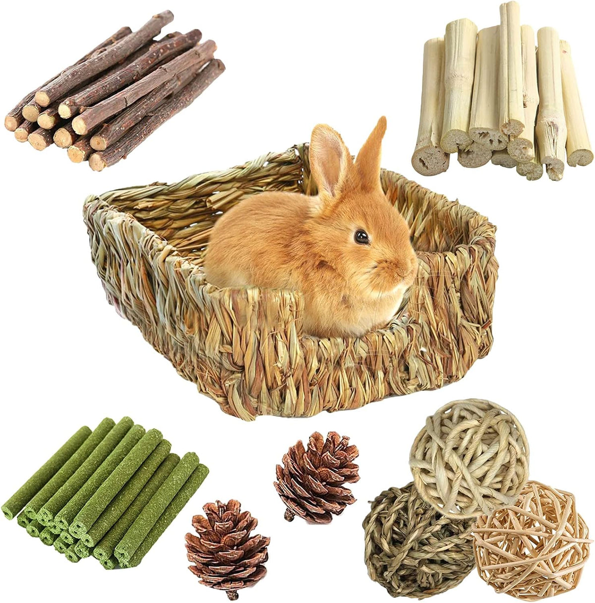 Rabbit Grass Bed for Bunny, 12 Pcs Pet Bunny Chew Toys Natural Hand-Made Woven Hay Mat Hamster Grass Basket Small Animals Bedding for Guinea Pig Chinchilla Ferret Gerbil Rat