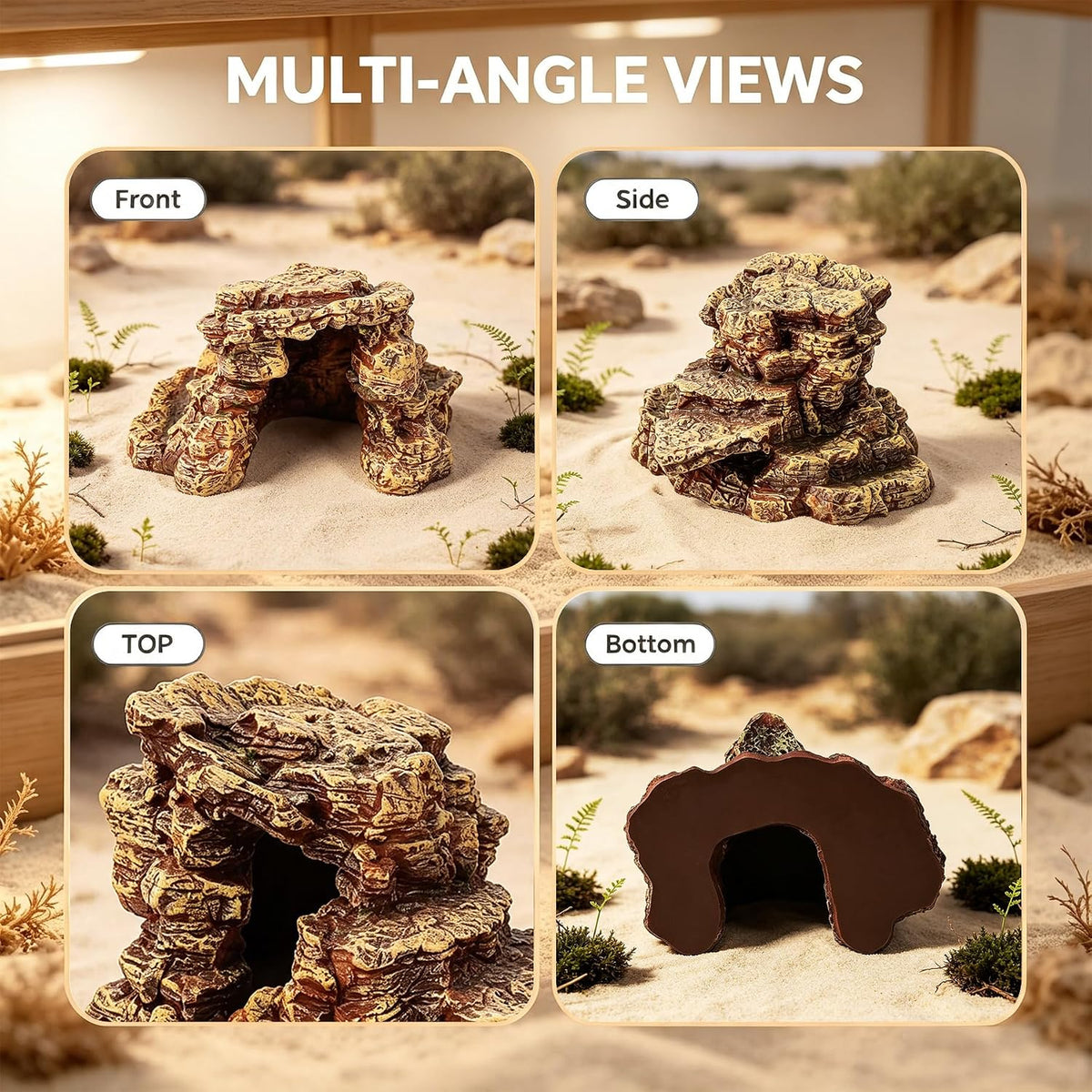 Teaeeno Reptile Hide Rock Cave, Medium Resin Corner Hideout for Growing Leopard Geckos, Juvenile Snakes, Small to Medium-Sized Lizards & Terrestrial Invertebrates, Natural Terrarium Tank Decor