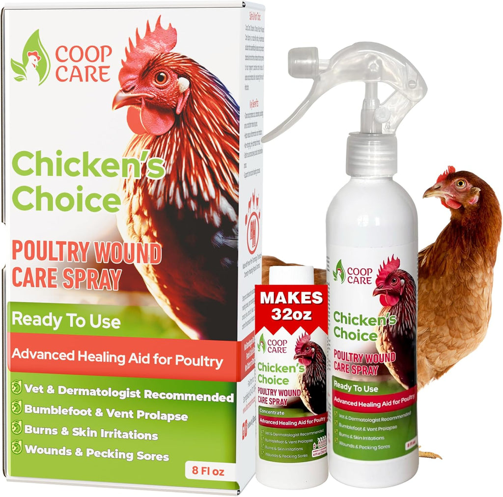 Chicken's Choice Wound Care for Chickens & Birds. Advanced Wound Care Spray for Poultry. Works for Bumblefoot, Vent Prolapse, Pecking Sore, Burns & Skin Irritations. 8 oz Ready to Use Spray