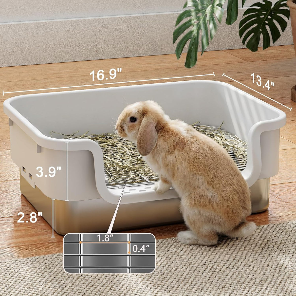 Stainless Steel Sifting Litter Box for Rabbit, Bunny, 16.9×13.4x6.7 inch