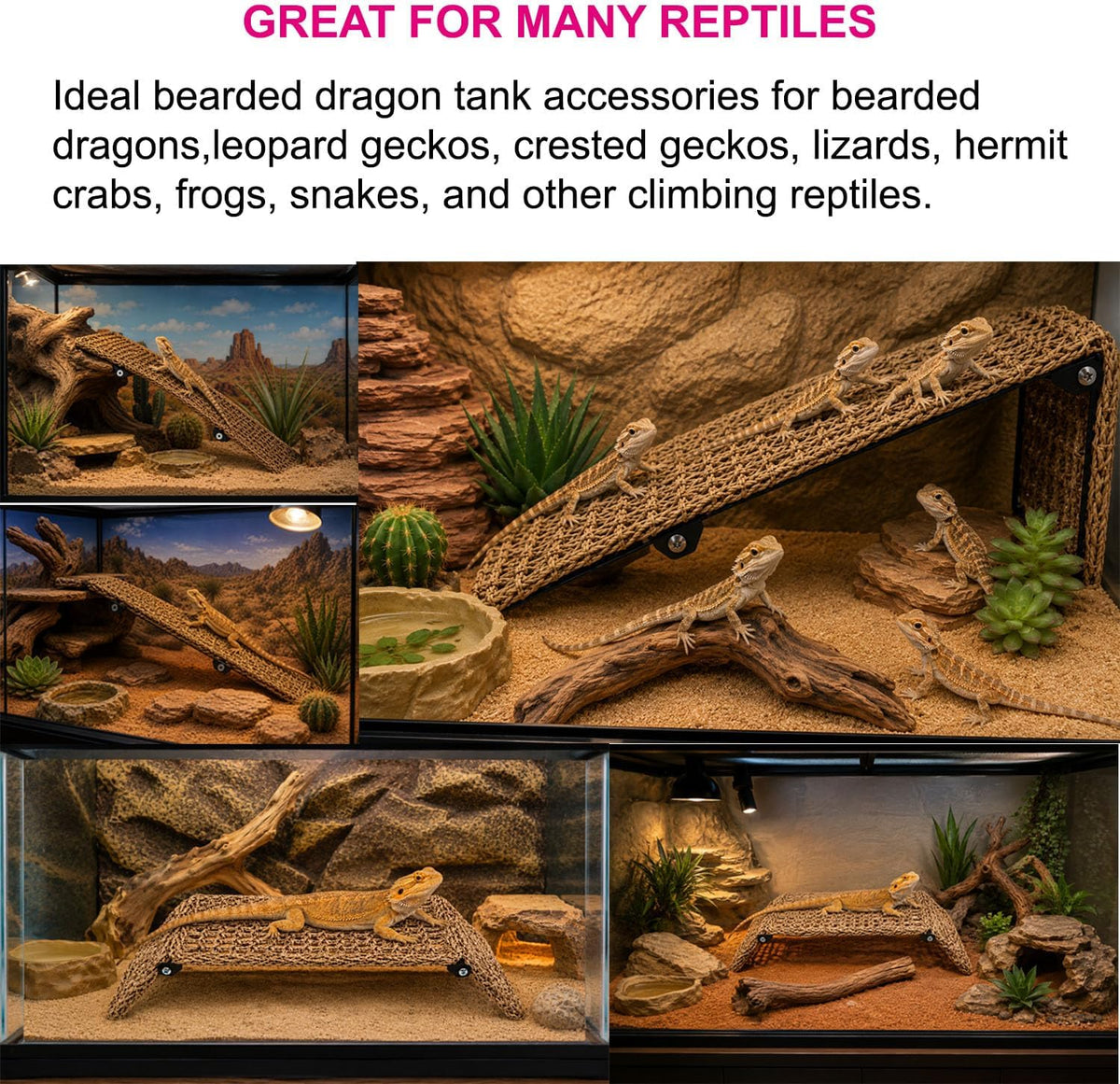 Foldable Bearded Dragon Bed with Reinforced Steel Frame, Adjustable 3-Panel Seagrass Reptile Lounger, Multi-Angle Climbing Ramp, Basking Platform & Lizard Hammock for Reptile Tank Accessories