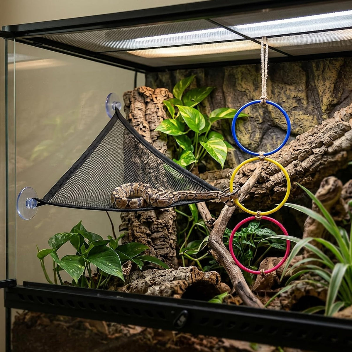 3PCS Snake Enrichment, Snake Enclosure Accessories, Reptile Habitat Accessories with Jute Rope and Black Mesh Hammock, Cage Climbing Structures for Environmental