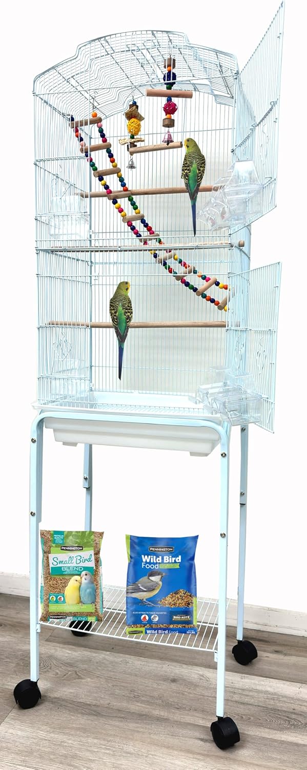 Large Open/Close Top Bird Cage Side Breeding Nest Box Doors Easy Clean Pull Out Tray Clear Feeder Cups for Canary Parakeet Cockatiel Lovebird Finches with Removable Rolling Stand