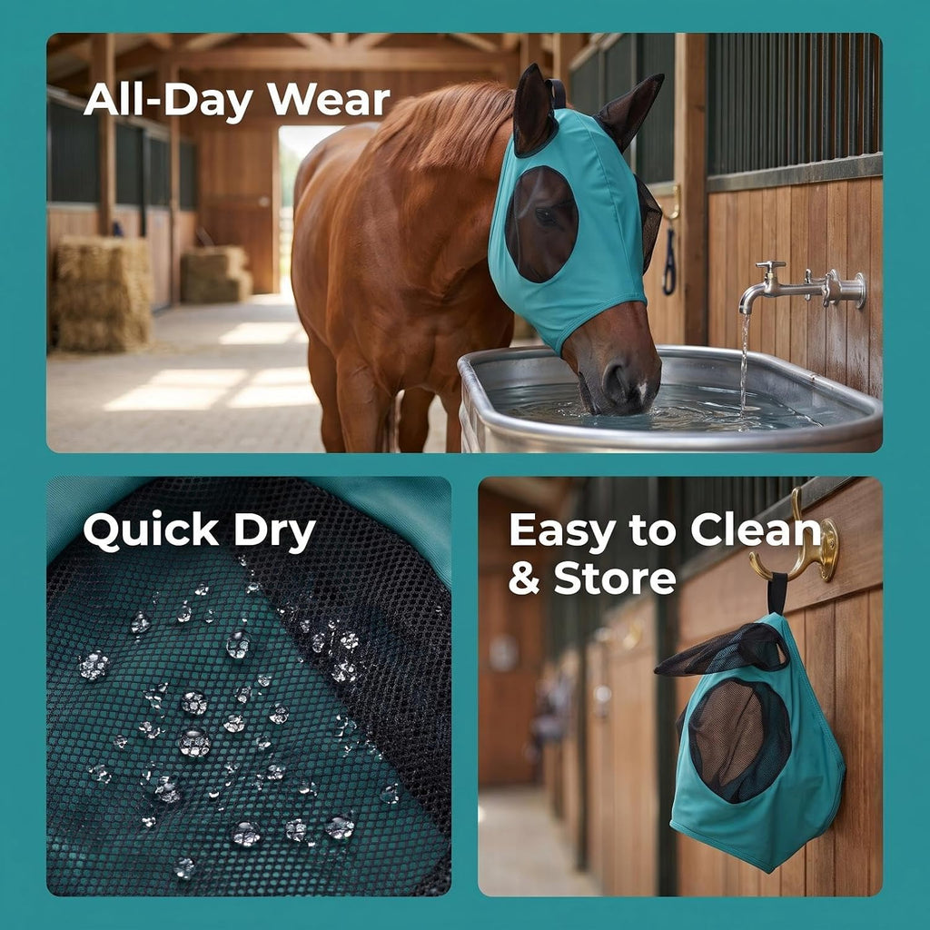 Horse Fly Mask – Nylon-Spandex Face with Breathable Mesh Eyes & Ears, UV Protection Soft Edging Prevents Chafing, Durable & Easy to Clean for Horses & Ponies, Size M