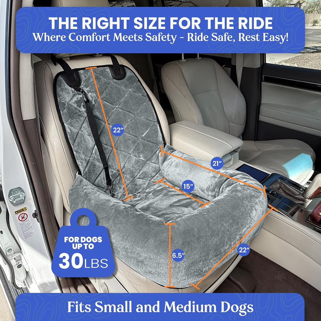 4Knines Dog Car Seat, Plush Travel Bed for Small-Medium Dogs, Grey