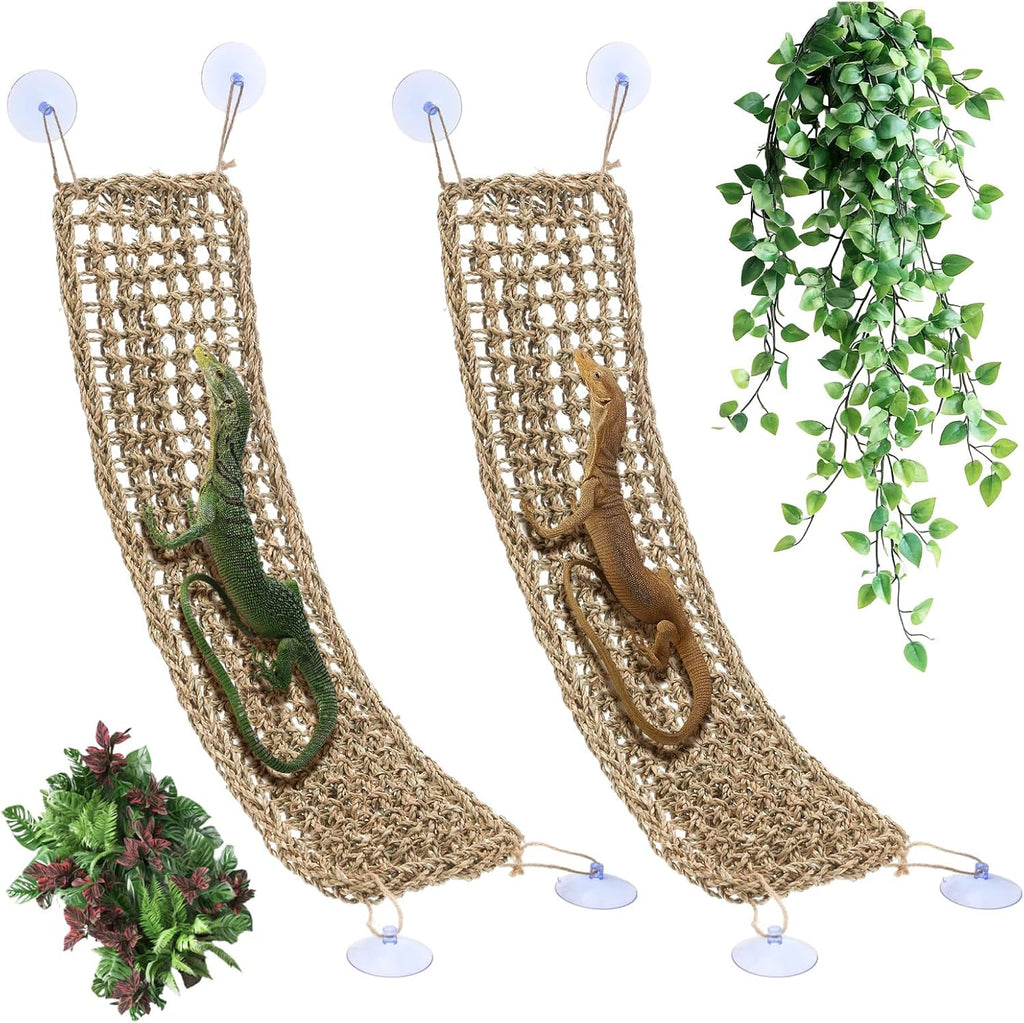 2 Pcs Bearded Dragon Hammock Reptile Lounger, Natural Seagrass Climbing Habitat Decor with Jungle Theme for Lizards, Geckos, Snakes, Iguanas, Amphibians and Terrarium