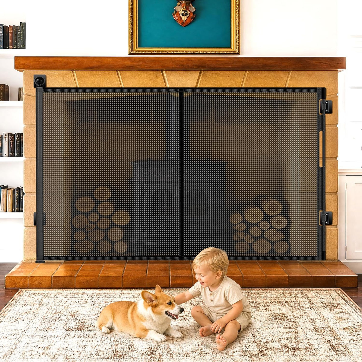 No Drill Retractable Baby Gate for Fireplace, 33" H × 55" W, Easy Install