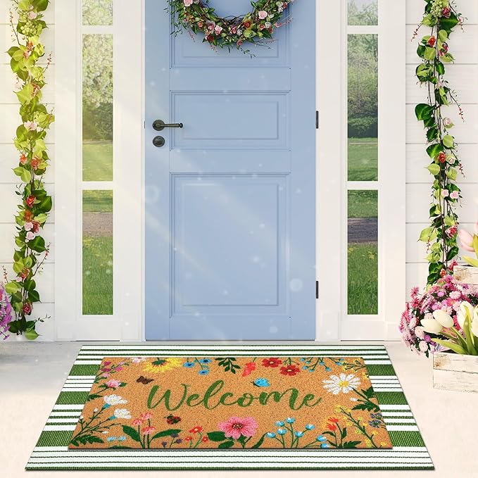 Tinideya 2 Pcs Spring Welcome Door Mat Floral Outdoor Layered Doormats - Image 5