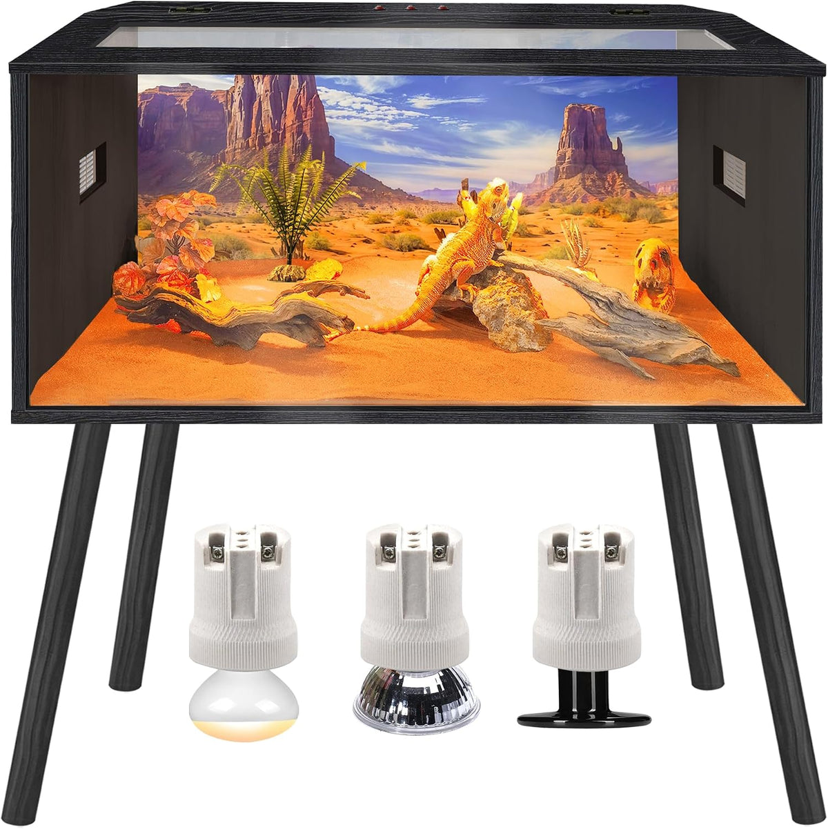 Prolee 63 Gallon Reptile Tank, Tempered Glass Bearded Dragon Tank with Wooden Roof and Lockable Doors, Large Lizard Habitat with Built-in Lamp Fixture for Snakes, Iguanas, Chameleons (Black)