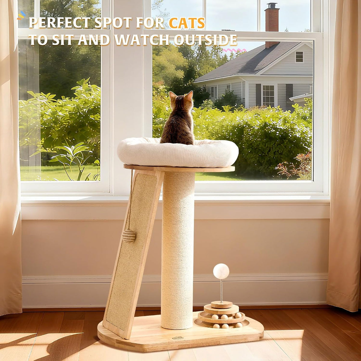 Solid Wood Cat Tree Tower, Cat Scratching Post with Bed, 27" Small Cat Tree, Compact Cat Tower with Scratching Pad and Removable Cat Bed, Modern Cat Tower for Indoor Cats Large Adult.