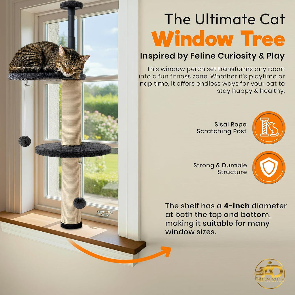 Window Cat Tree & Small Cat Tower (89.5-105.5cm) – Adjustable Cat Window Perch & Shelf for Indoor Cats – Sturdy Window Sill Extender Seat for Large Cats