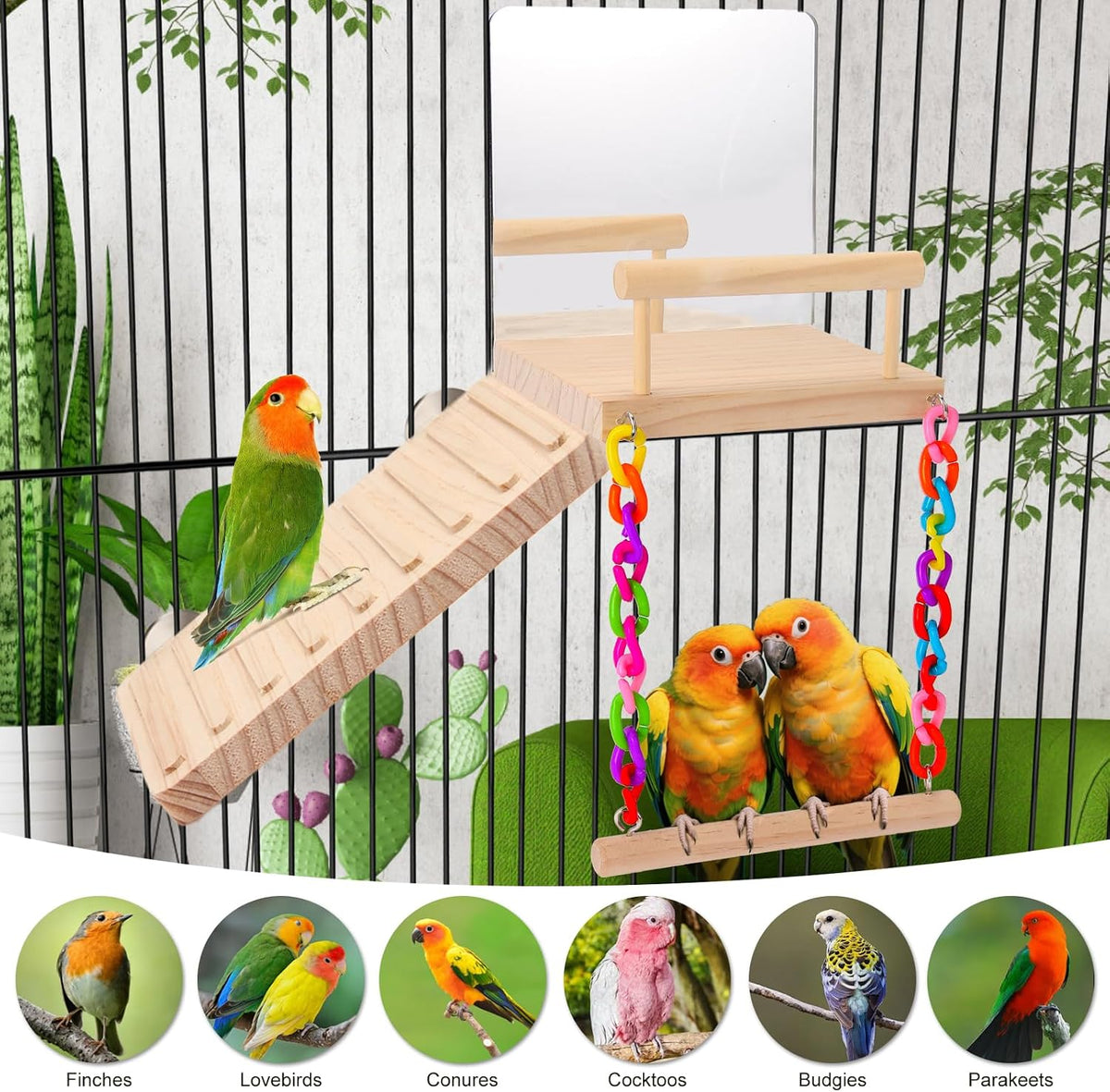 KyoukiBird Perch Platform Bird Toys with Bird Mirror Climbing Ladder Swing, Parakeet Cage Accessories - for Cockatiels, Lovebirds, Budgies,Pacific Parrotlets,Finch,Canaries - Wooden Play Gym
