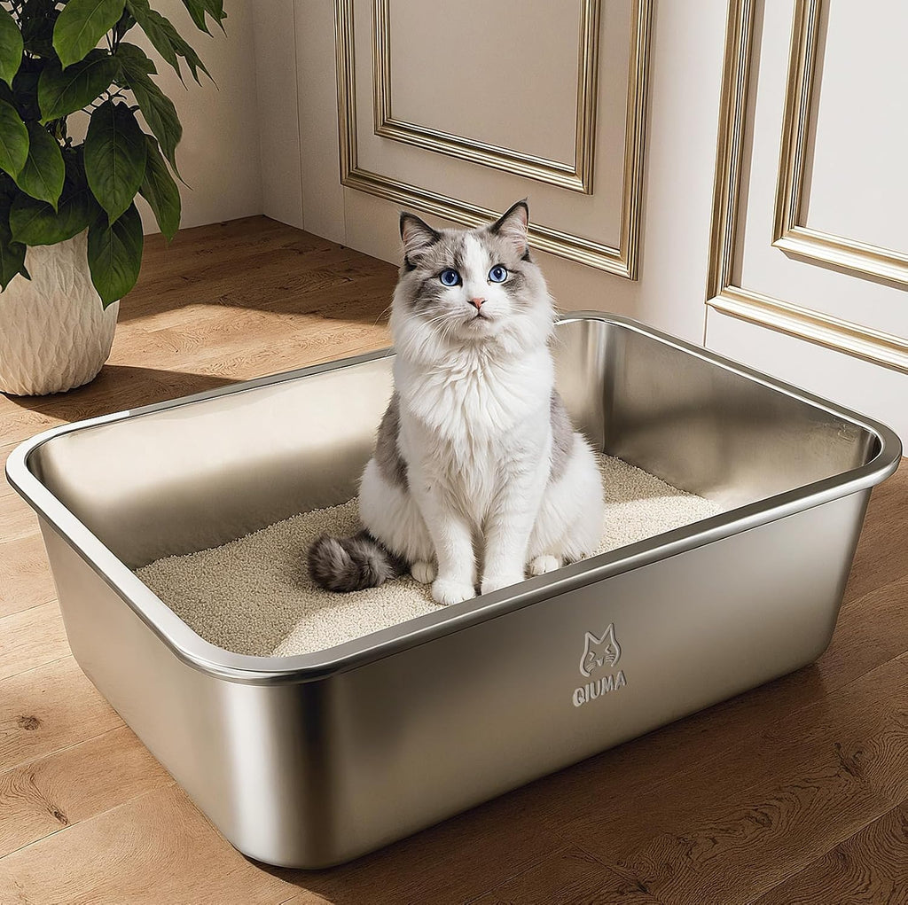 Stainless Steel Cat Litter Box, Metal Kitty Litter Box for Small Cats, Non-Stick, Easy to Clean, Odor-Free, 15.6"×11.6"×3.9", Low Entry for Kittens, Rabbits & Small Breeds