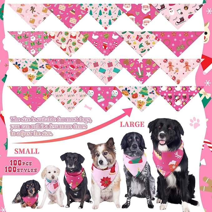 100 Pcs Christmas Dog Bandanas Bulk Pet Bibs Pink Triangle Scarf Pink Pet - Image 3