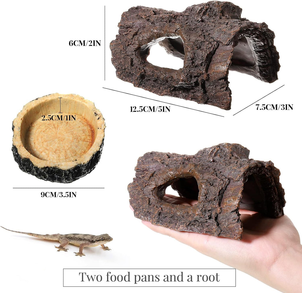 Reptile Hide & Food Bowls - Lizard Resin Hollow Tree Trunk Hideout, Bearded Dragon Tank Accessories - Water Dish Habitat Tank Decoration for Lizards, Snake, Gecko - 3 Pcs (Brown Rock)