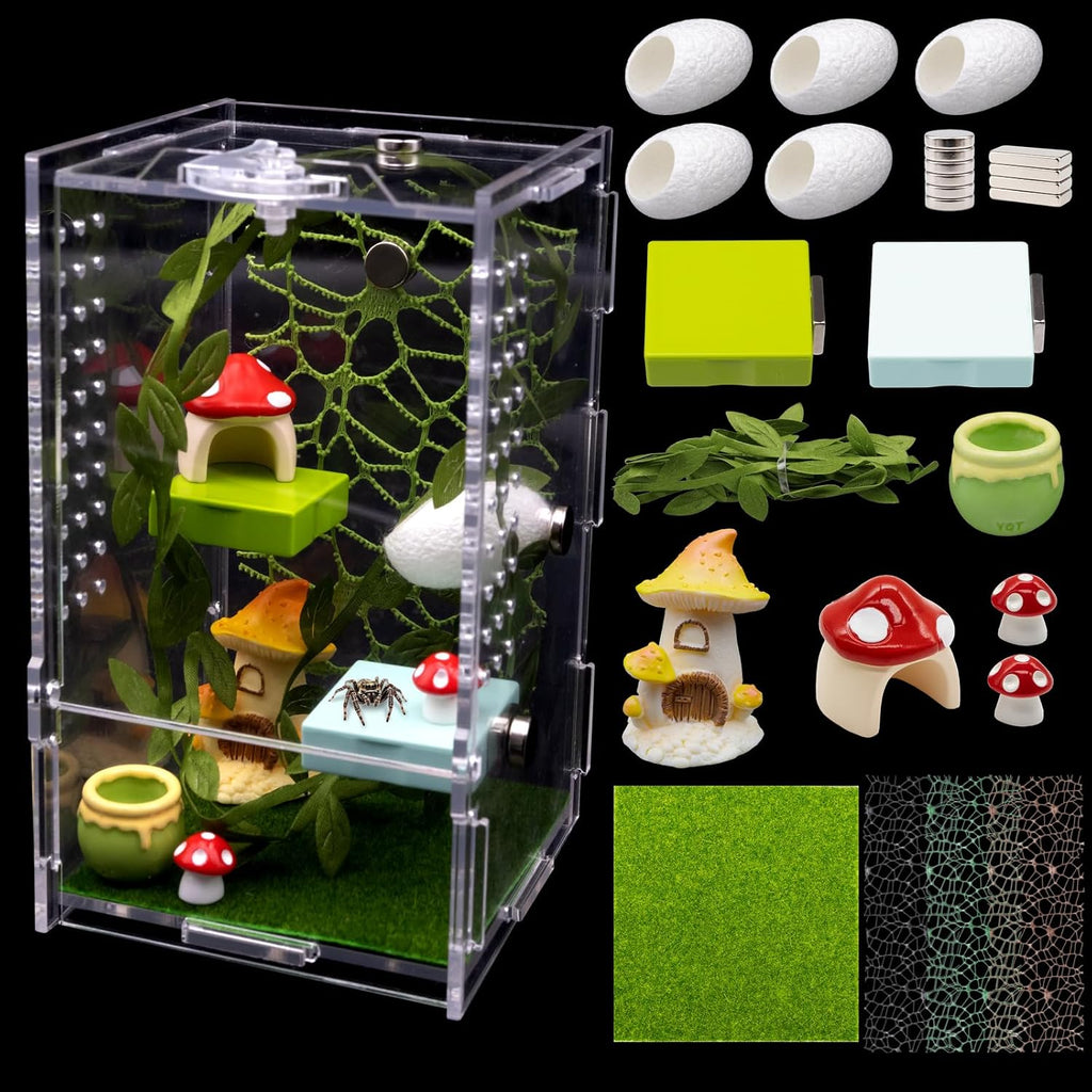 Jumping Spider Enclosure Kit, Acrylic Terrarium with Habitat Decor