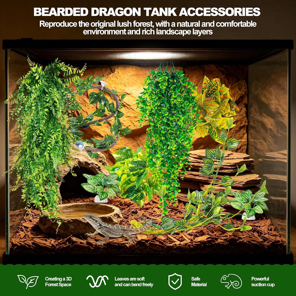 Reptile Plants for Bearded Dragon Tank Accessories, Hanging Plant Vines Set