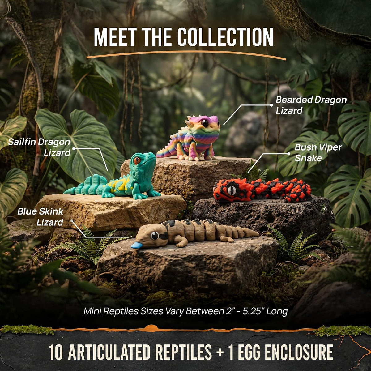 Reptile Collection with Rustic Stone Egg Hatchery - 10 Articulated 3D Printed Mini Lizards, Snake & Turtles, Miniature Shelf Display for Reptile Enthusiasts, 3D Printed Lizard and Snake Set
